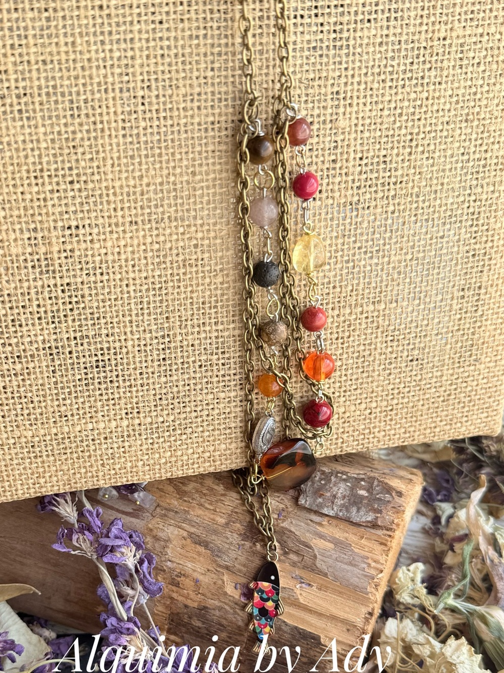 Layered brass Multicolor gemstones Beaded Fish Pendant Necklace